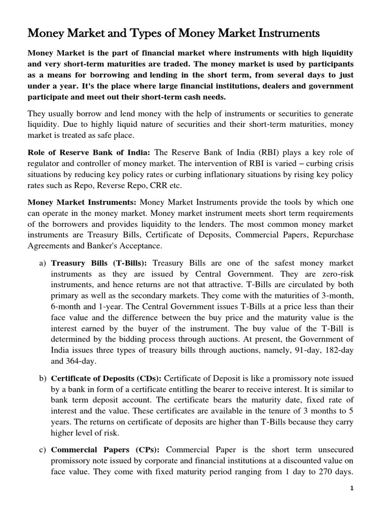 Overview of Money Market Instruments | PDF | Repurchase Agreement ...