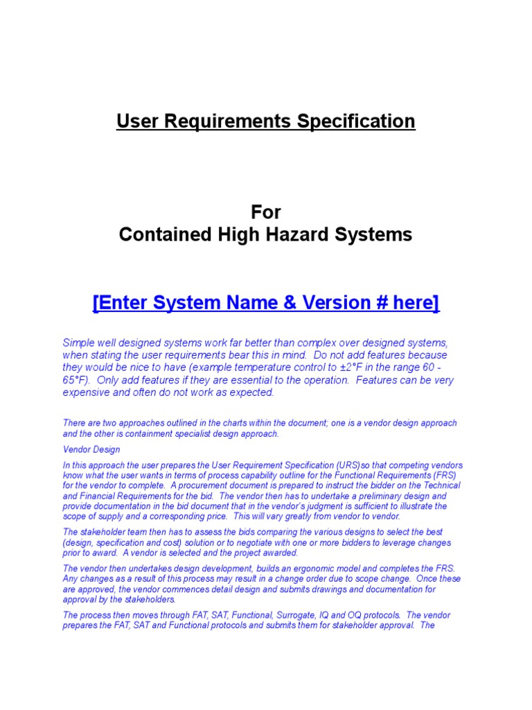 Sample URS for Isolator Following Flow Chart User Requirements Specification Specification