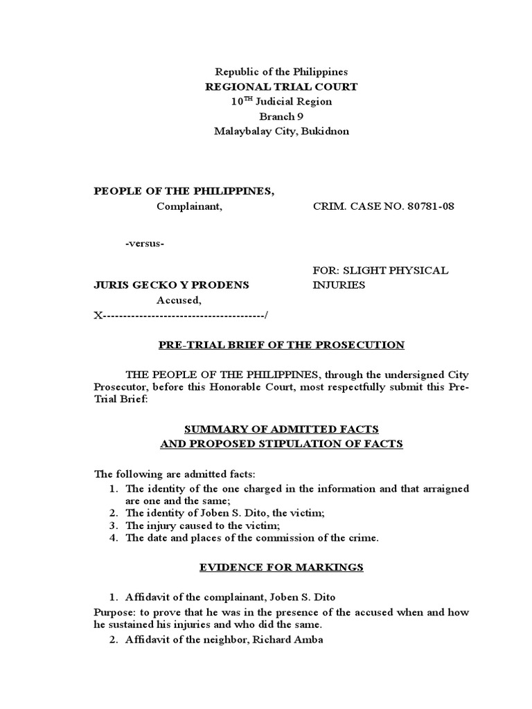 Pre-Trial Brief for Slight Physical Injury | PDF | Prosecutor ...