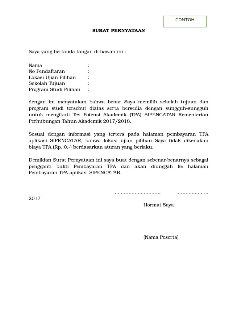 Contoh Surat Pernyataan TPA