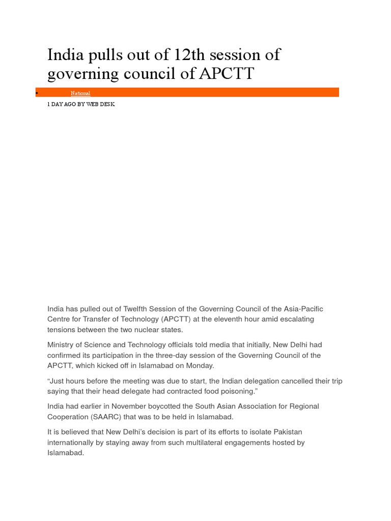 India Pulls Out Of 12th Session Of Governing Council Of Apctt Bharatiya Janata Party Pakistan