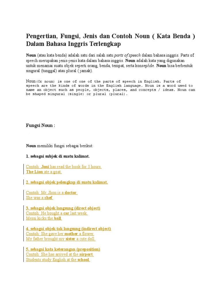 Pengertian Fungsi Jenis Dan Contoh Noun Kata Benda