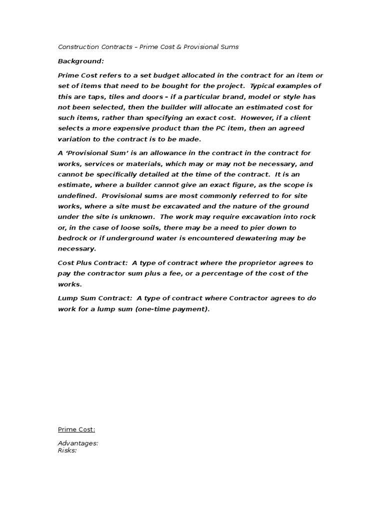 Construction Contracts Prime Cost/Provisional Sums PDF General