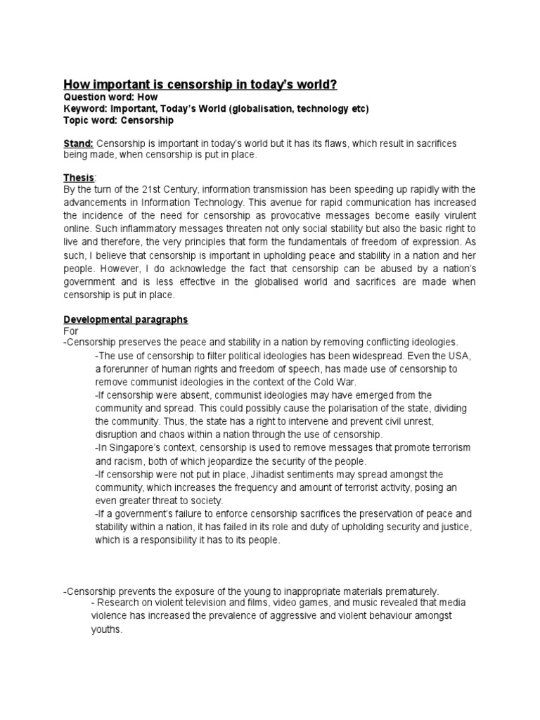 Essay Plan Censorship Censorship Violence