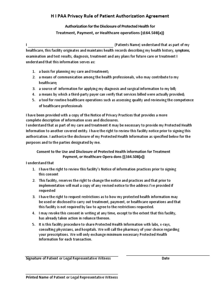 H I PAA Privacy Rule of Patient Authorization Agreement | PDF | Health ...