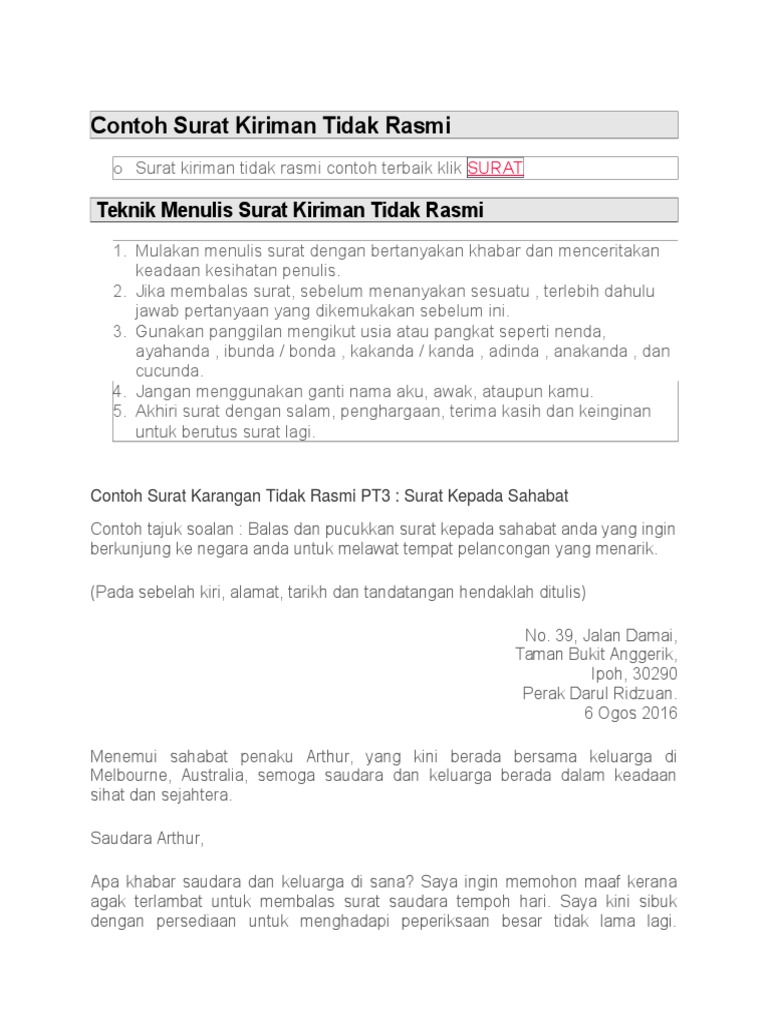 Contoh Surat Kiriman Tidak Rasmi Pdf