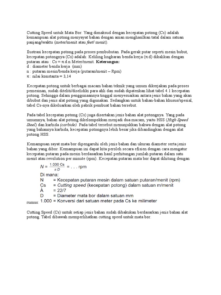 Cutting Speed Untuk Mata Bor