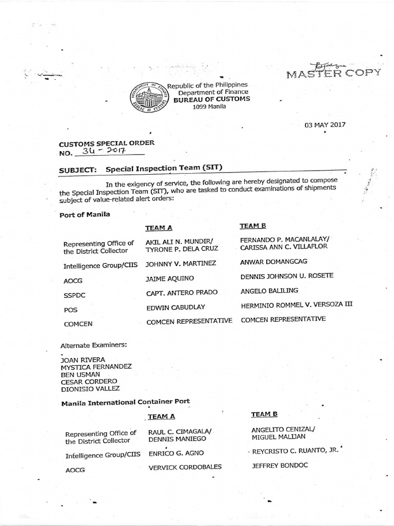 Bureau of Customs CSO 36-2017 - Creation of Special Inspection Team | PDF