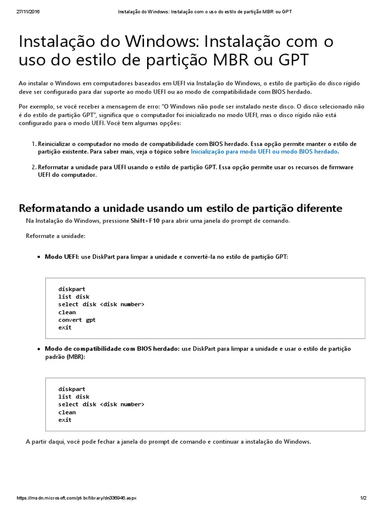 Instalação do Windows: MBR ou GPT | PDF | Drive de disco rígido ...