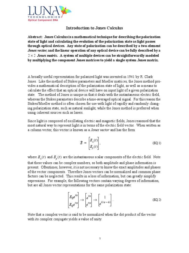Jones Calculus for Polarization Analysis | PDF | Polarization (Waves ...
