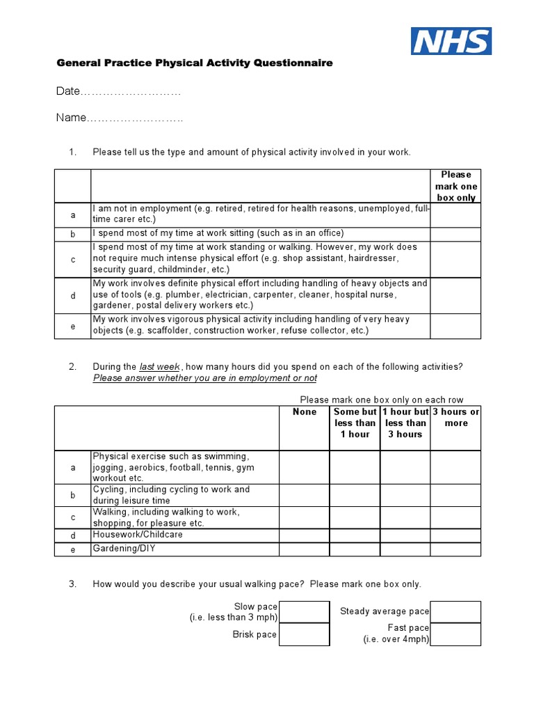 Activity Questionnaire As at 22.5.13 PDF Physical Exercise Recreation