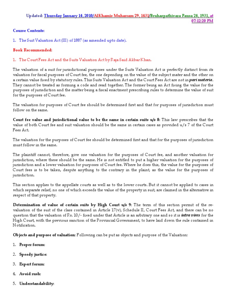 The Suit Valuation Act, 1887 Download Free PDF Lawsuit Real