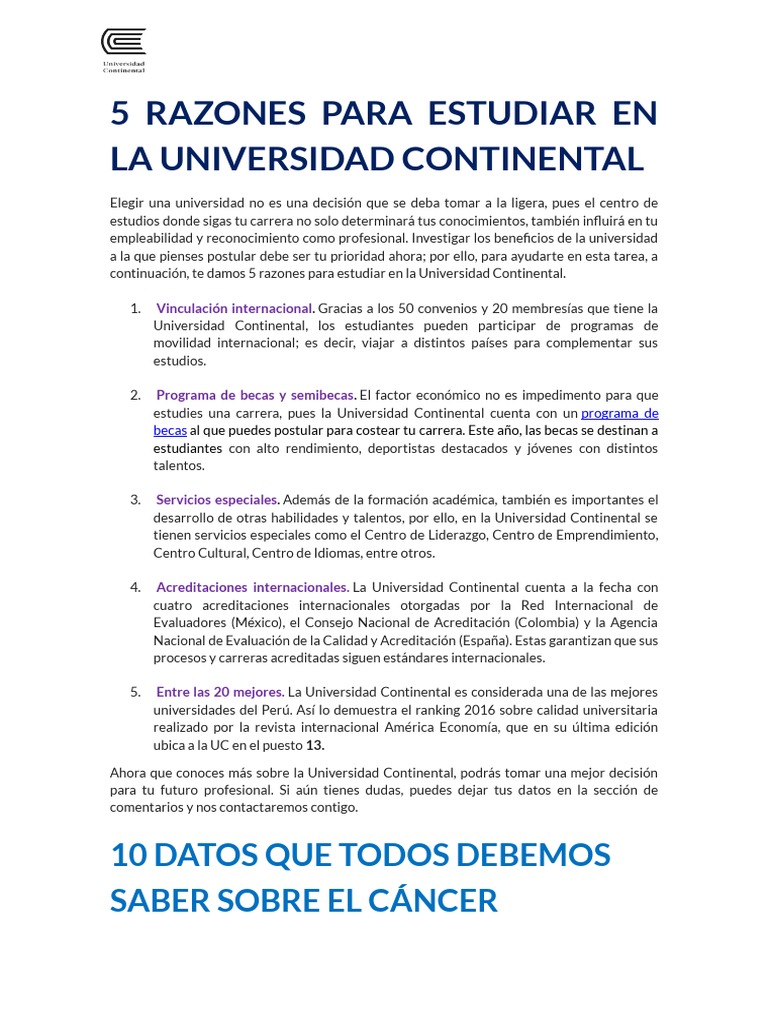 5 Razones para Estudiar en La Universidad Continental | PDF | Cáncer ...