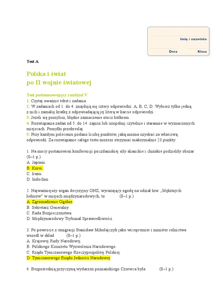 świat Po 2 Wojnie światowej Sprawdzian Klasa 8 Pdf