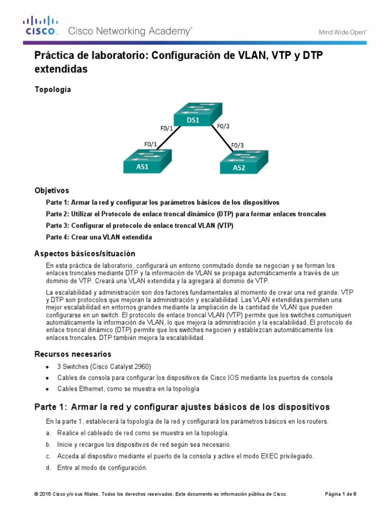 3.1.4.2 Lab Configure Extended VLANs, VTP and DTP Protocolos de
