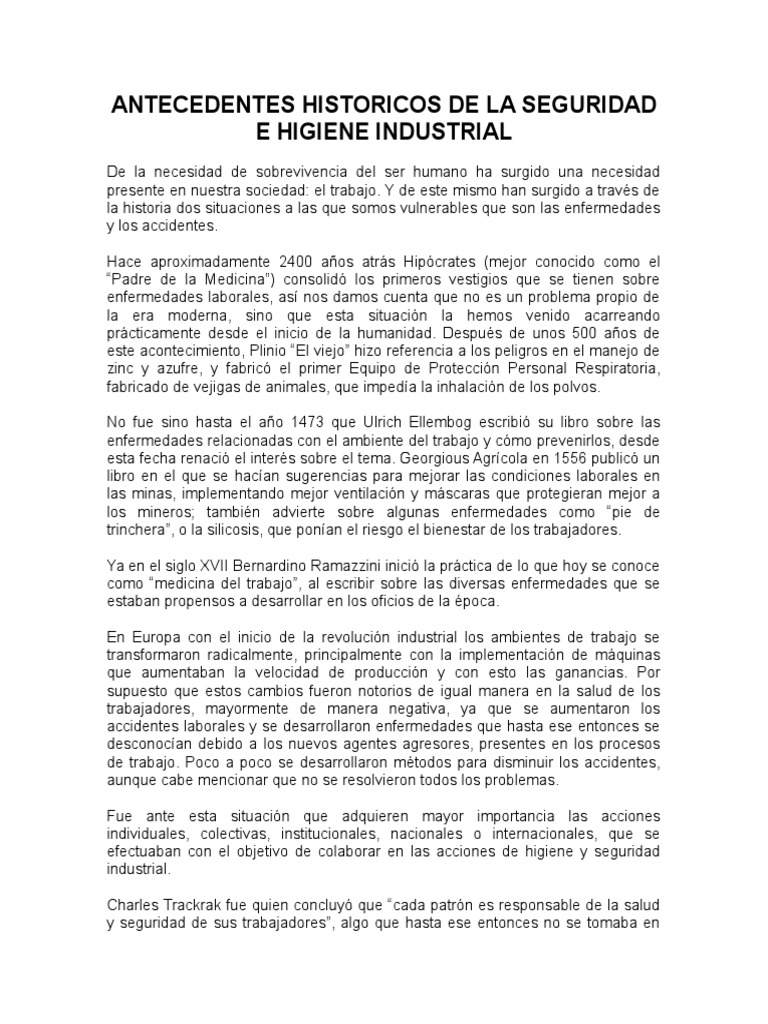 Antecedentes Historicos de La Seguridad e Higiene Industrial | PDF