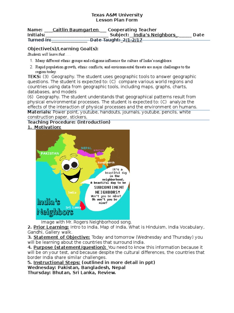 feb 1-2 indias neighbors lesson plan | Geography | Lesson Plan