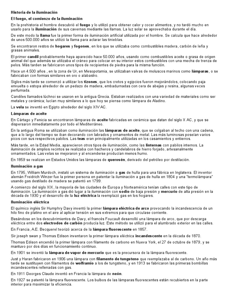 Historia de La Iluminación | PDF | Lámpara fluorescente | Encendiendo