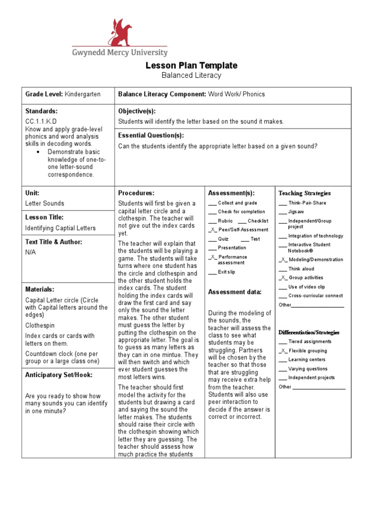 BL Lesson Plan Template - Kindergarten | PDF | Educational Psychology ...