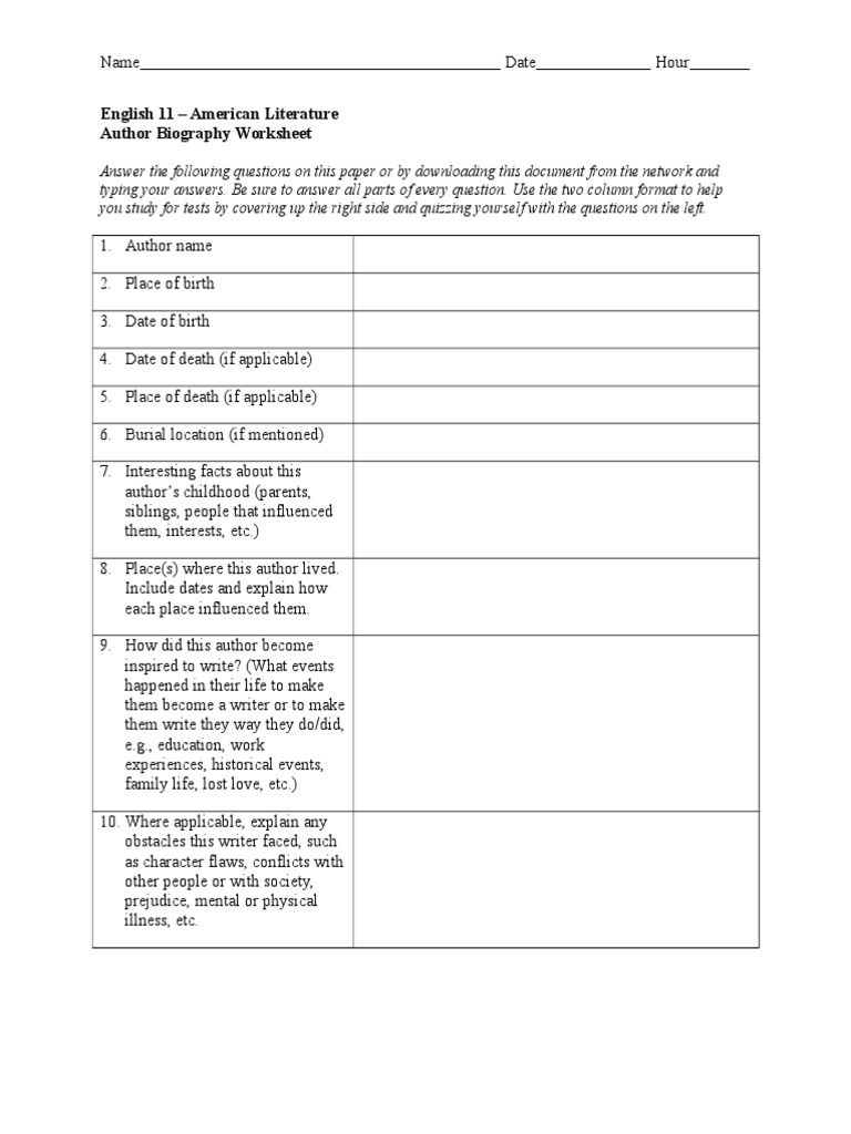 Author Biography Worksheet