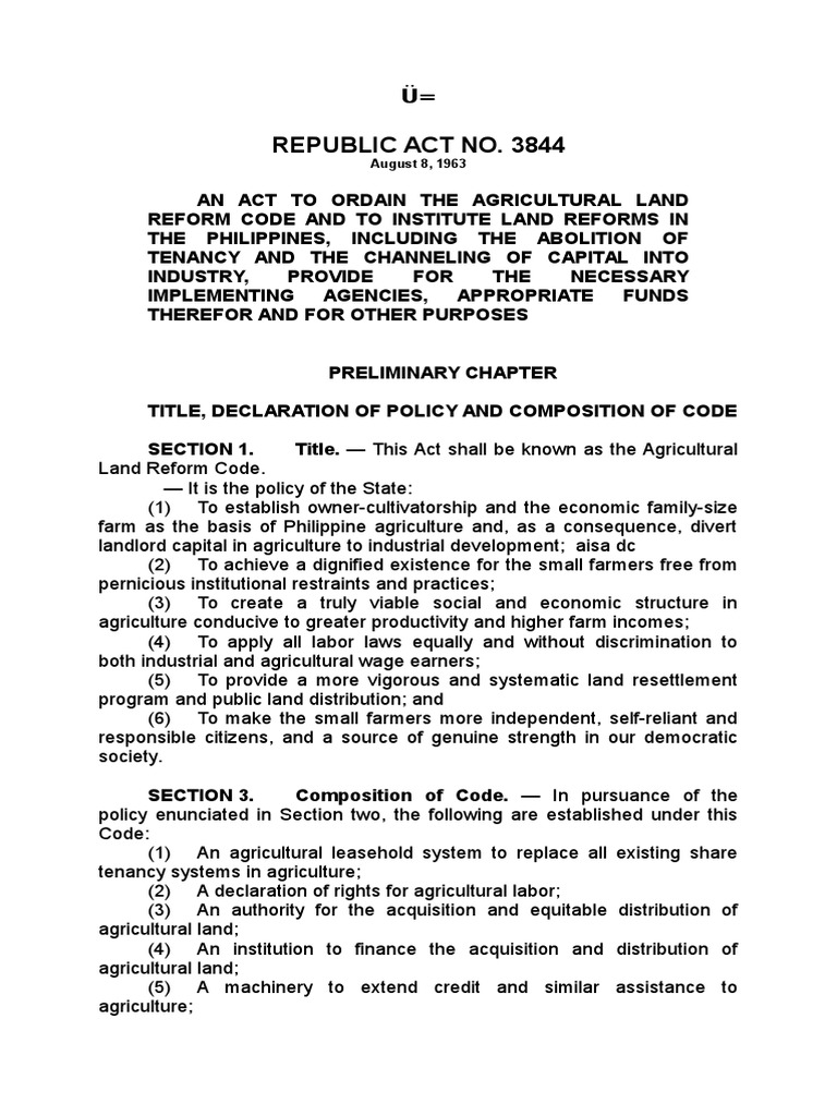 RA 3844 (Agricultural Land Reform Code) | PDF | Lease | Leasehold Estate