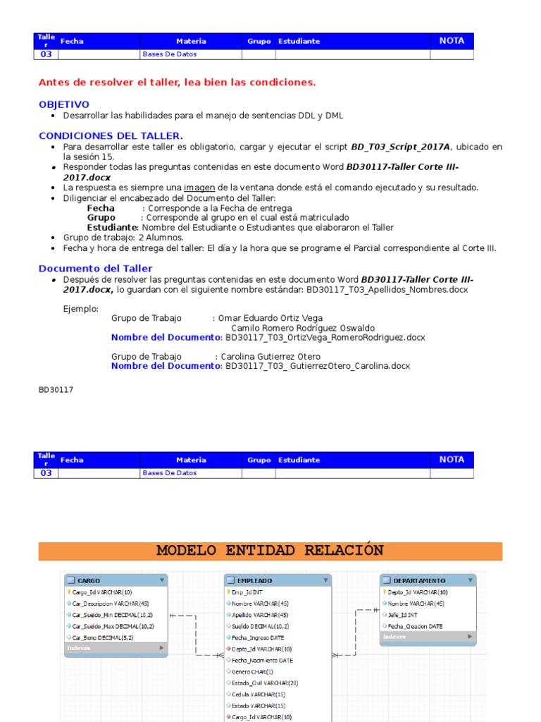 Taller de SQL: DDL y DML en Bases de Datos | PDF | SQL | Tabla (base de ...