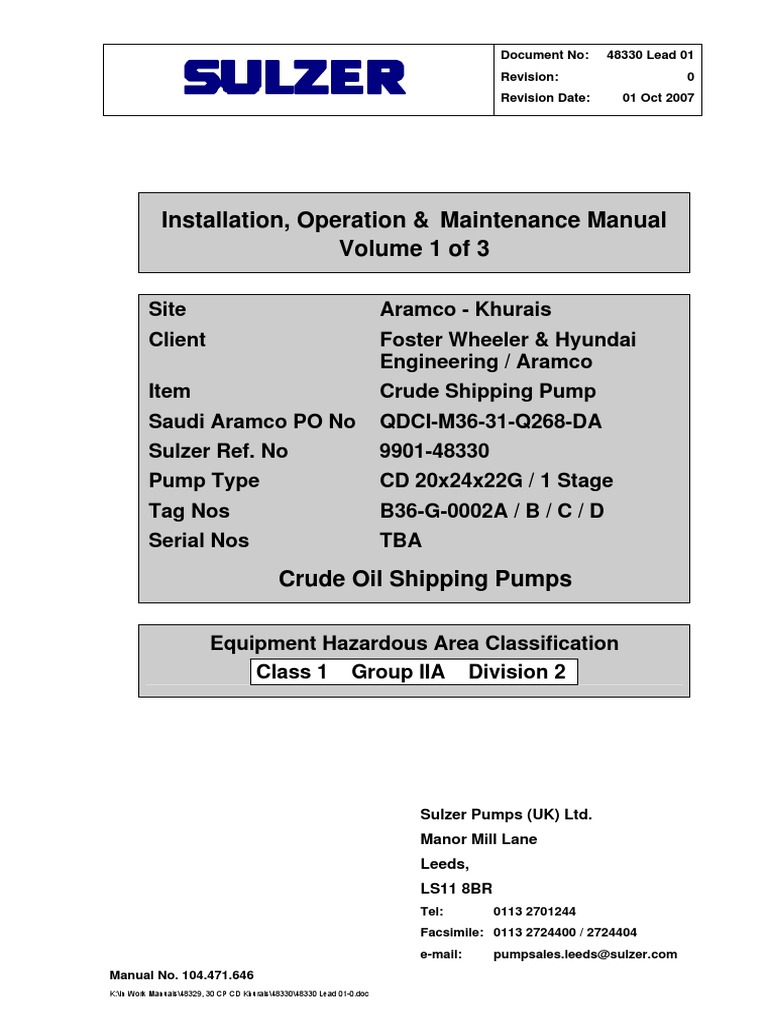 Crude Pump Installation Manual SULZER Transmission (Mechanics) Pump