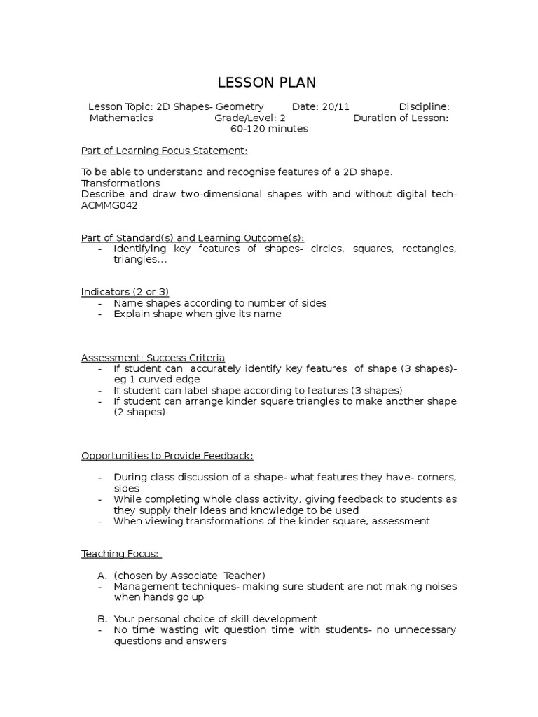 Grade 2 Lesson Plan on 2D Shapes | PDF | Shape | Lesson Plan