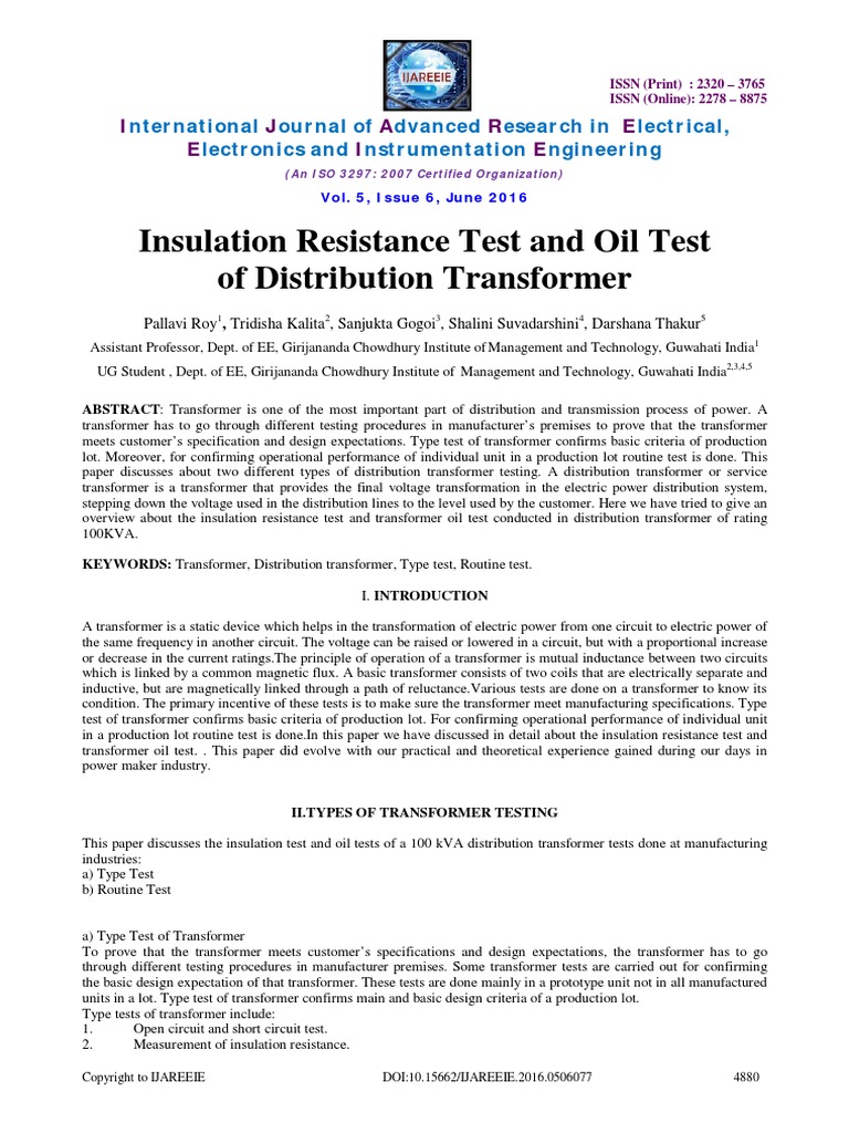 Insulation Resistance Test and Oil Test of Distribution Transformer ...