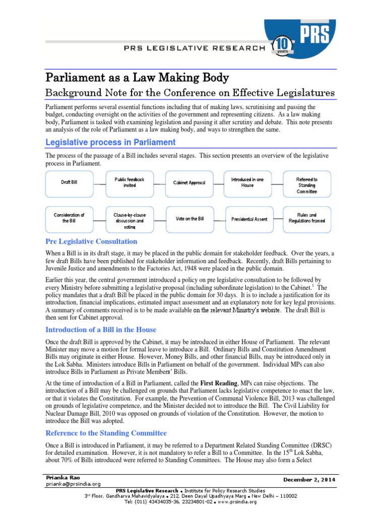 Parliament as a Law Making Body Background Note for the Conference on