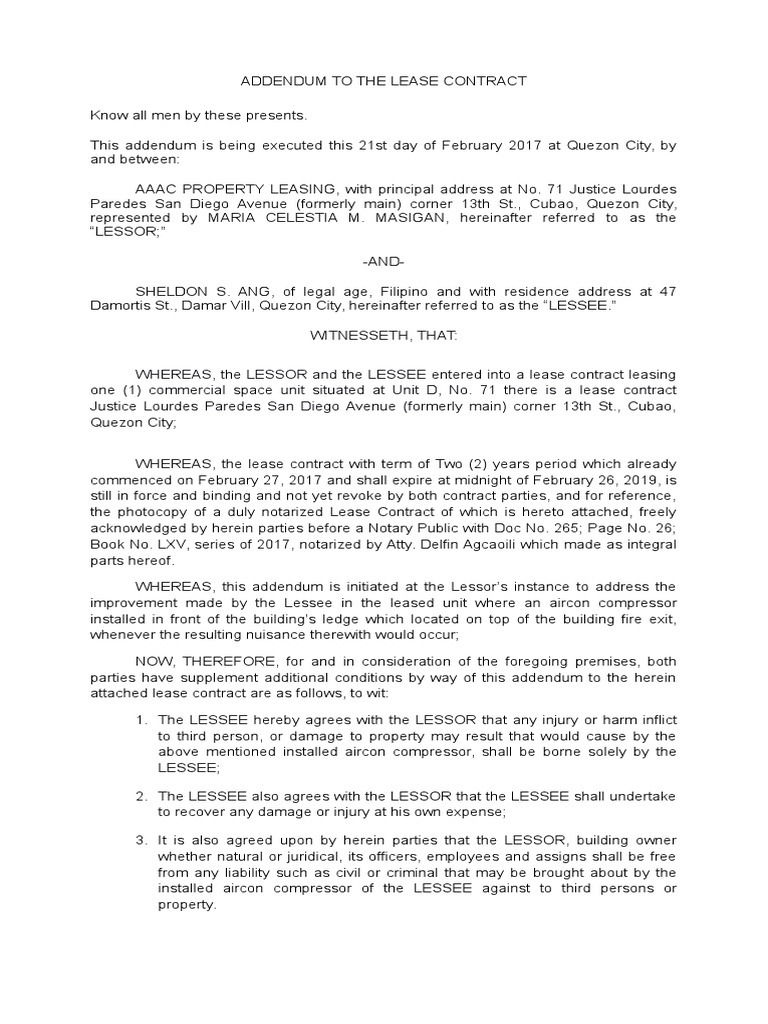 Addendum To The Lease Contract Lease Virtue
