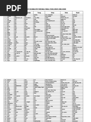 List Of 100 Animals With Their Male Female Young Group Home Sound Pdf Domesticated Animals Organisms