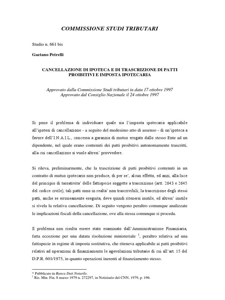 1997 cancellazione di ipoteca e di trascrizione di patti ... Garanzia mutuo ipotecario