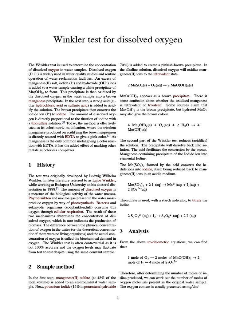 Winkler Test For Dissolved Oxygen | PDF | Chemical Elements | Chemical ...