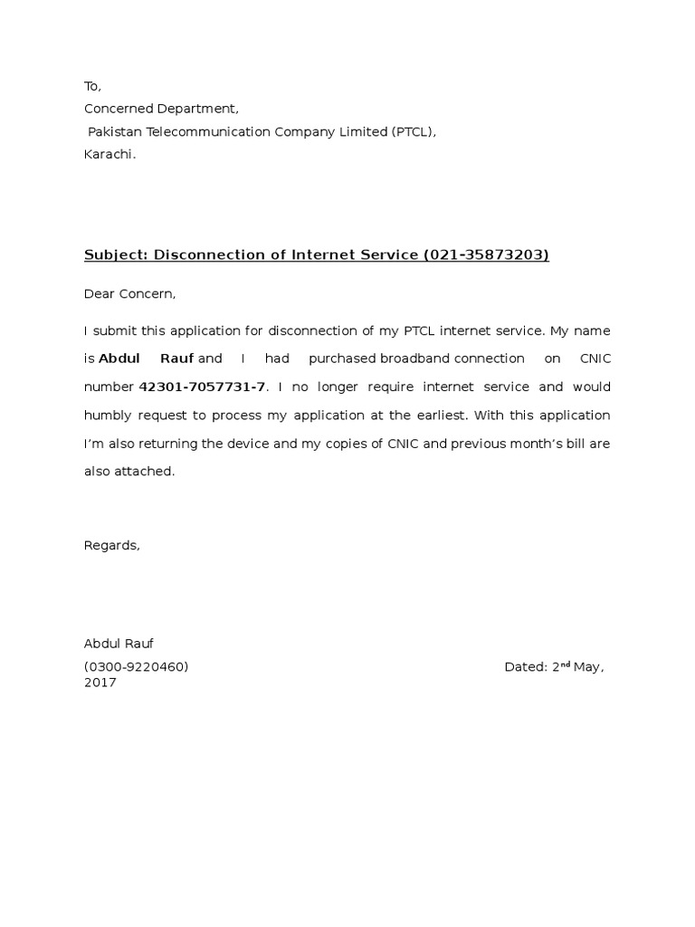 PTCL Internet Disconnection Request | PDF