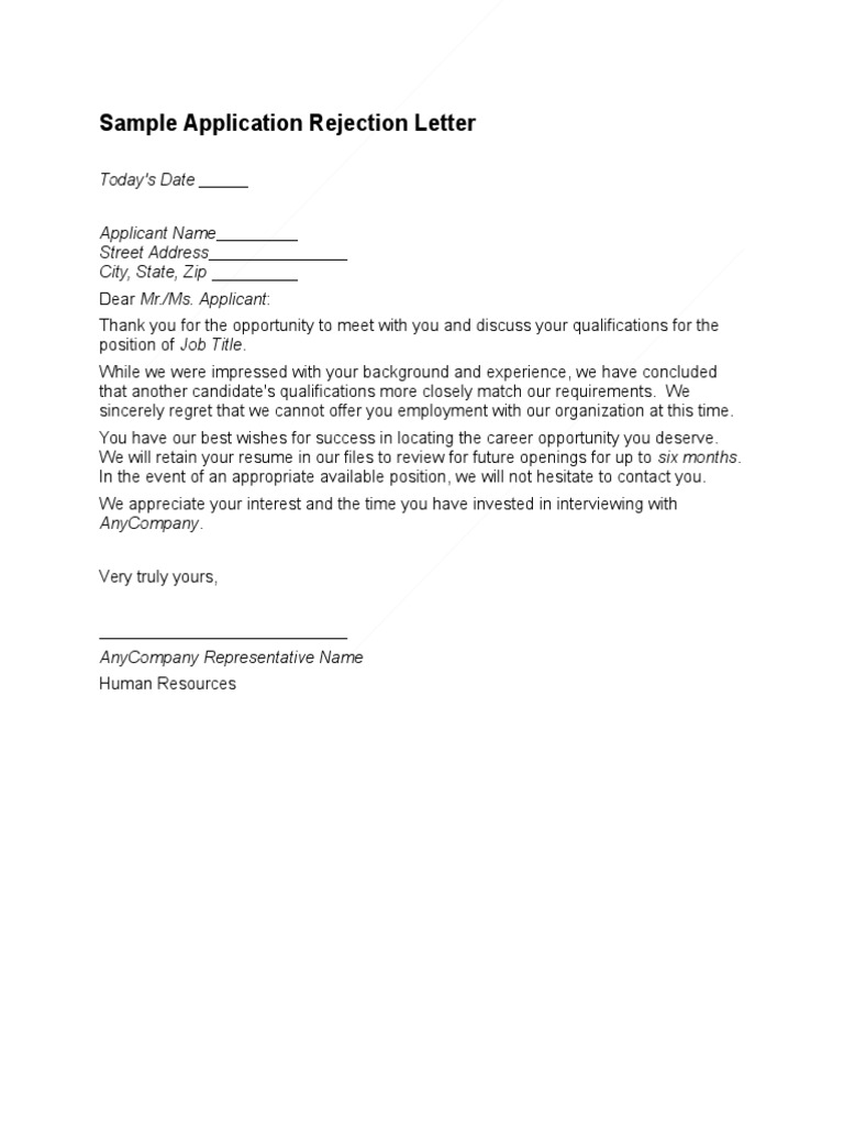 Application Rejection Letter PDF
