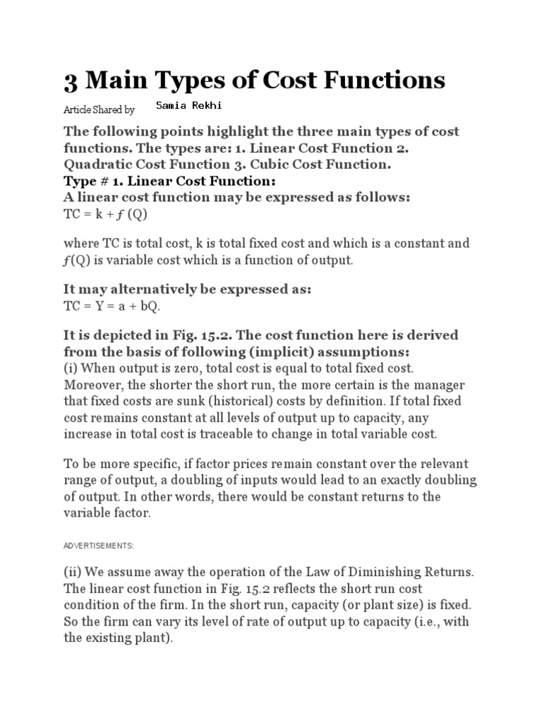 3 Main Types of Cost Functions PDF Marginal Cost Function