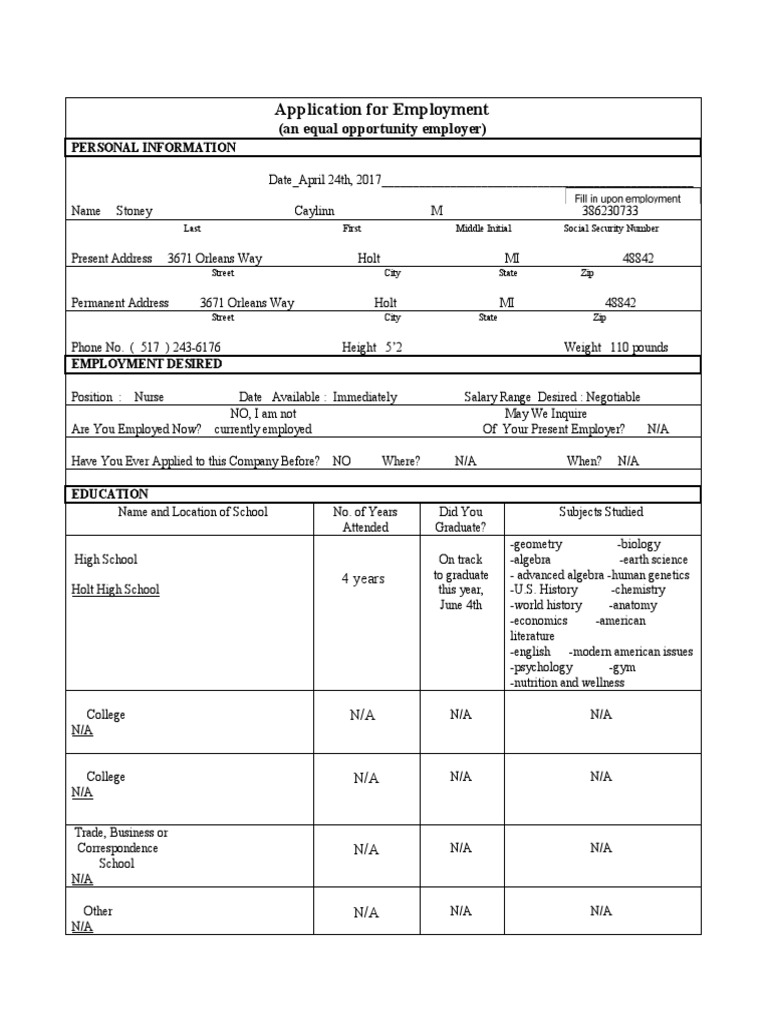 application form final copy for portfolio Labour Employment