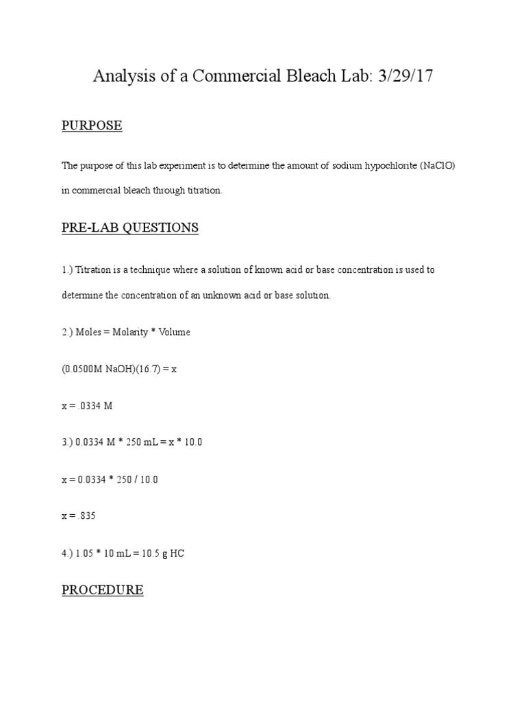 analysis of a commercial bleach lab Titration Redox