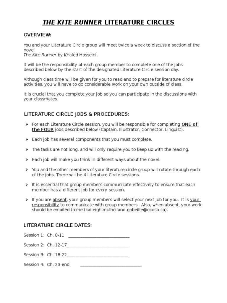 Worksheets Literature Circles Roles Worksheets the kite runner literature circles competence human resources adverb