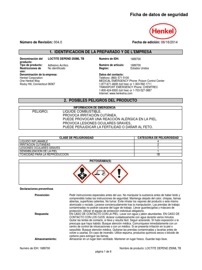 Msds de 330 Depend Adhesive Loctite Combustión Agua