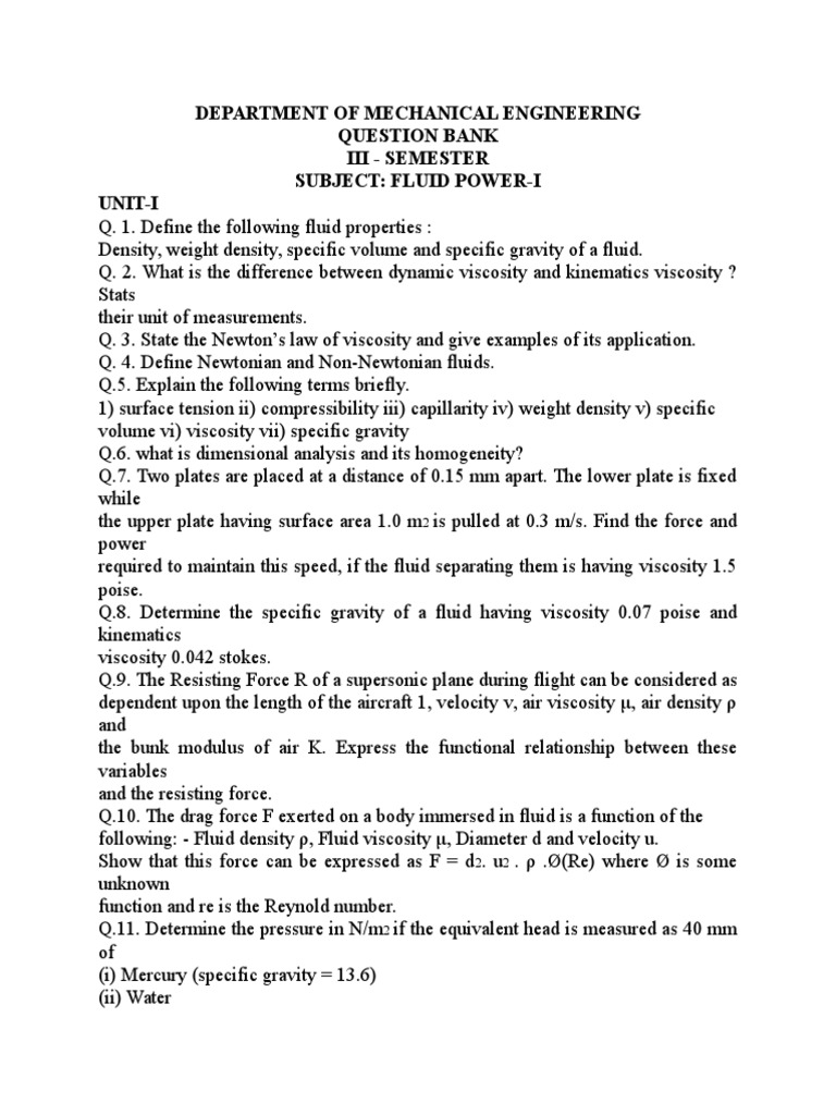Fluid Mechanics Question Bank | PDF | Viscosity | Boundary Layer