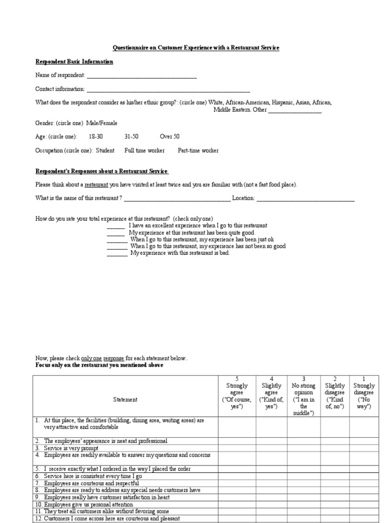 339 Questionnaire On Service Experince Restaurant | PDF | Restaurants ...