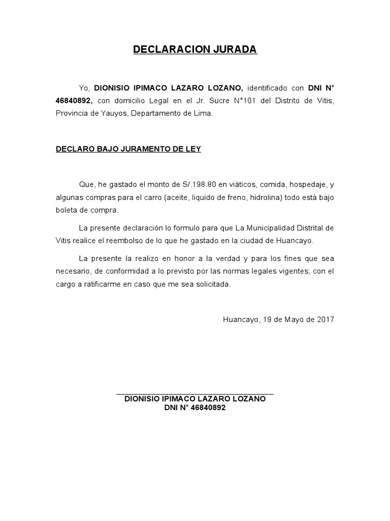 Modelo de Declaración Jurada de Gastos | PDF | Finanzas y dinero ...