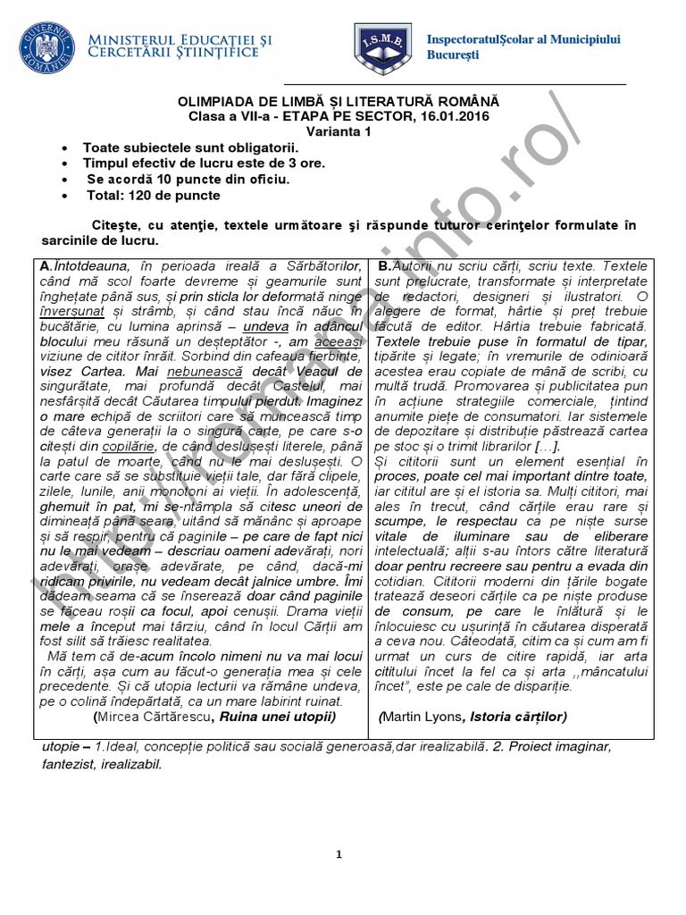 Romana.info.Ro.2590 Olimpiada Limba Si Literatura Romana 2016 Sector Cls. 7