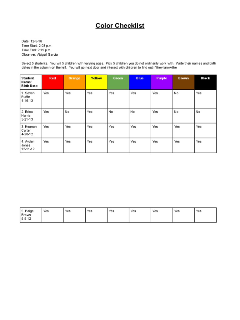 Color Recognition Checklist for Students | PDF