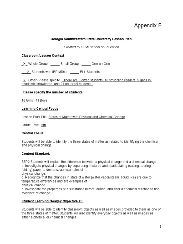 Appendix F: Georgia Southwestern State University Lesson Plan | PDF ...