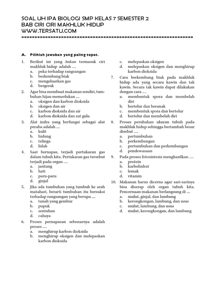 Soal Uh Ipa Biologi Smp Kelas 7 Semester 2bab Ciri Ciri Makhluk Hidup Pdf