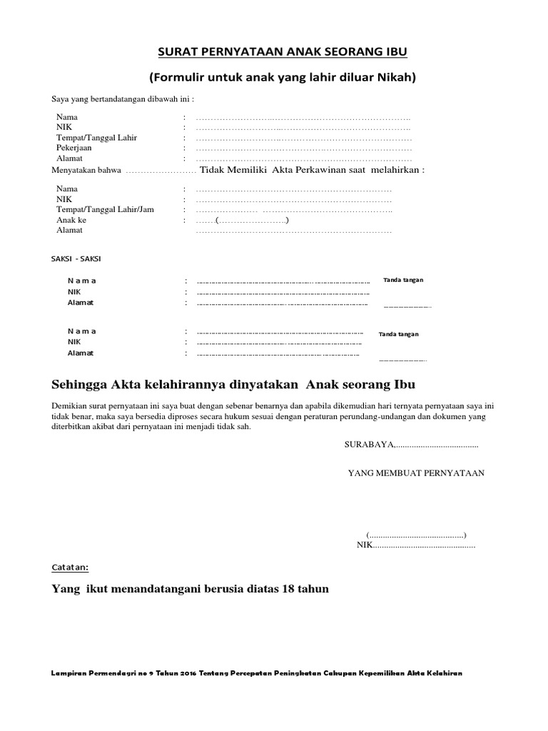 Surat Pernyataan Anak Seorang Ibu