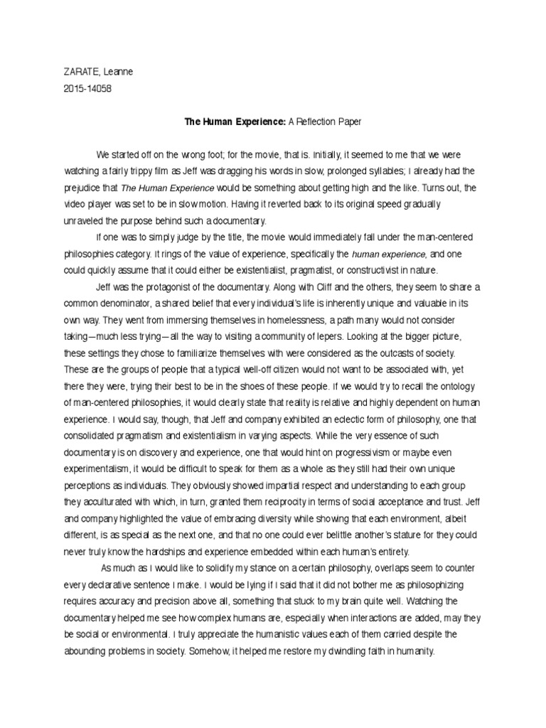 Reflection on The Human Experience Film | PDF | Pragmatism ...